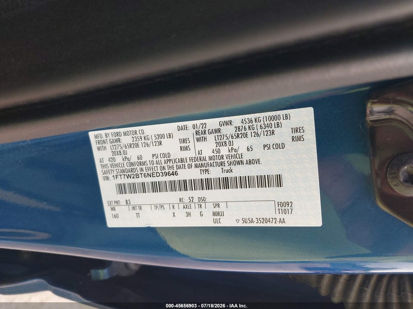 2022 Ford F-250 King Ranch/Lariat/Limited/Platinum/Xl/Xlt VIN: 1FT7W2BT6NED39646 Lot: 45656903