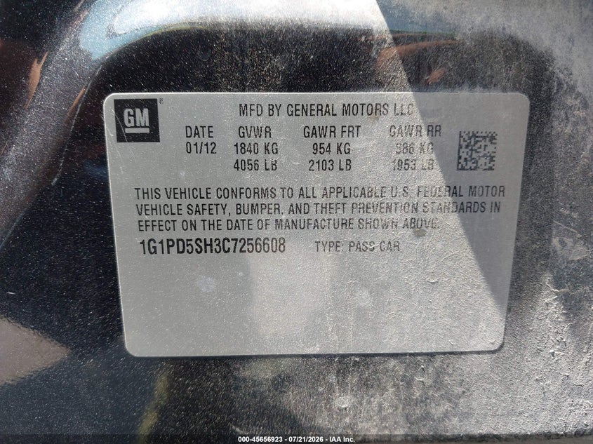 2012 Chevrolet Cruze Ls VIN: 1G1PD5SH3C7256608 Lot: 45656923