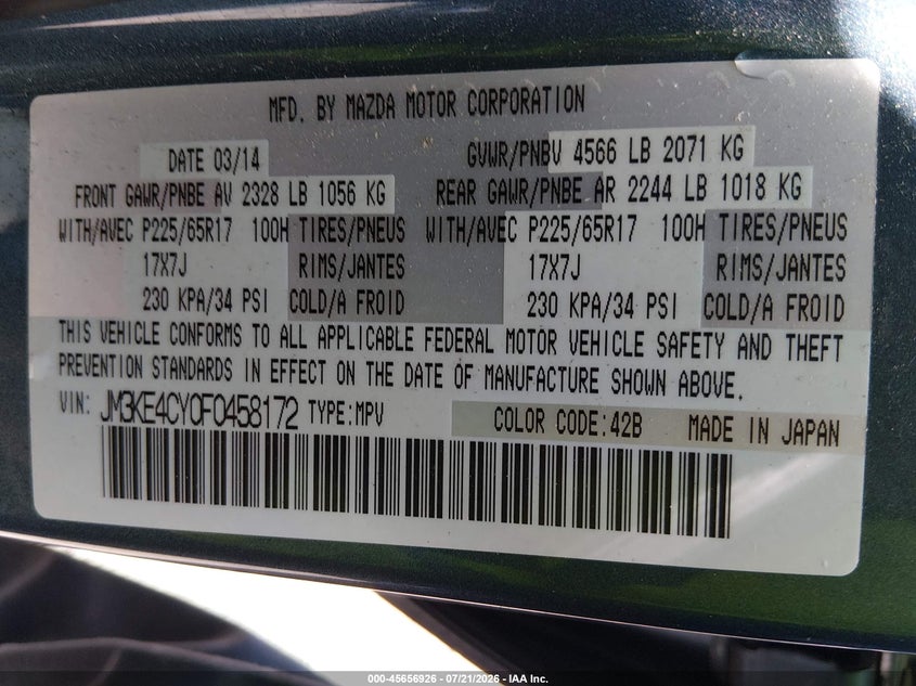 2015 Mazda Cx-5 Touring VIN: JM3KE4CY0F0458172 Lot: 45656926