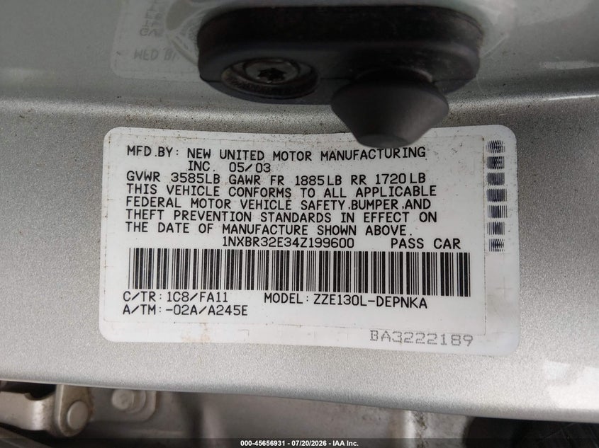 2004 Toyota Corolla Le VIN: 1NXBR32E34Z199600 Lot: 45656931