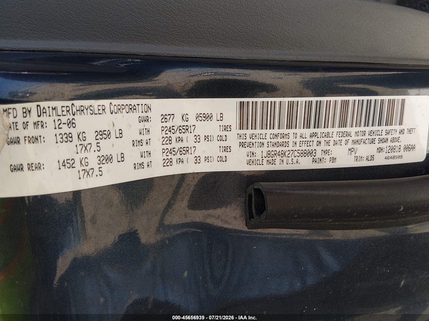 2007 Jeep Grand Cherokee Laredo VIN: 1J8GR48K27C588003 Lot: 45656939