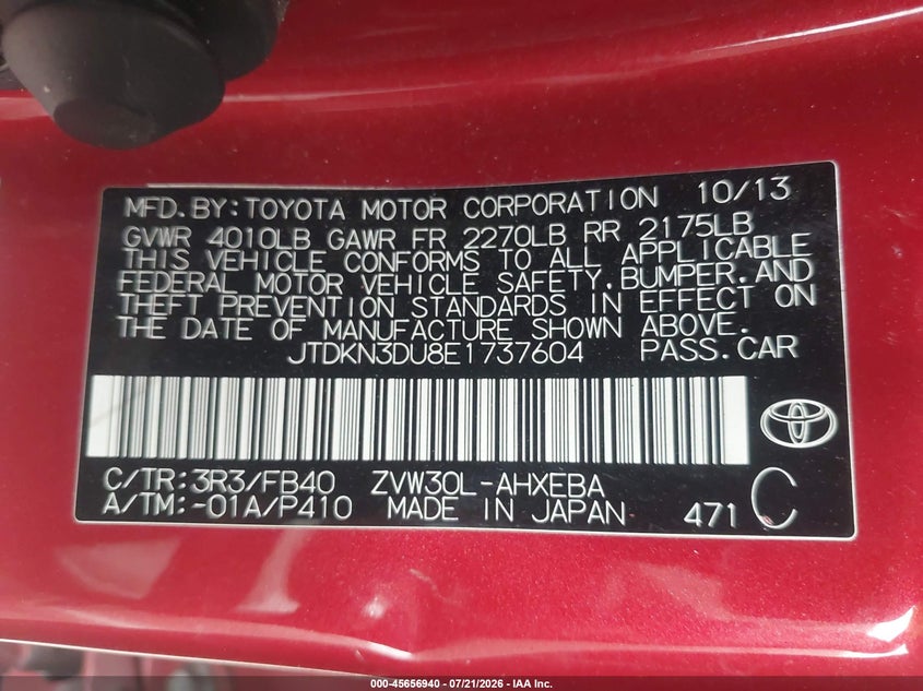 2014 Toyota Prius Two VIN: JTDKN3DU8E1737604 Lot: 45656940