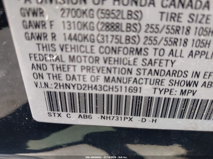2012 Acura Mdx Technology Package VIN: 2HNYD2H43CH511691 Lot: 45656952
