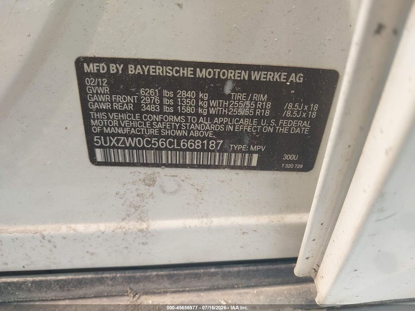 2012 BMW X5 xDrive35D VIN: 5UXZW0C56CL668187 Lot: 45656977