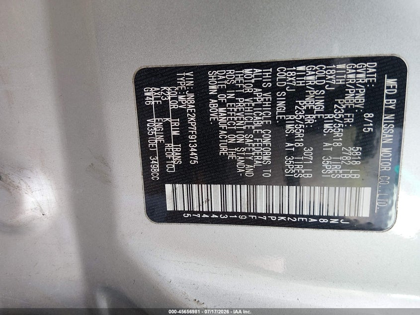 2015 Nissan Quest Sl VIN: JN8AE2KP7F9134475 Lot: 45656981