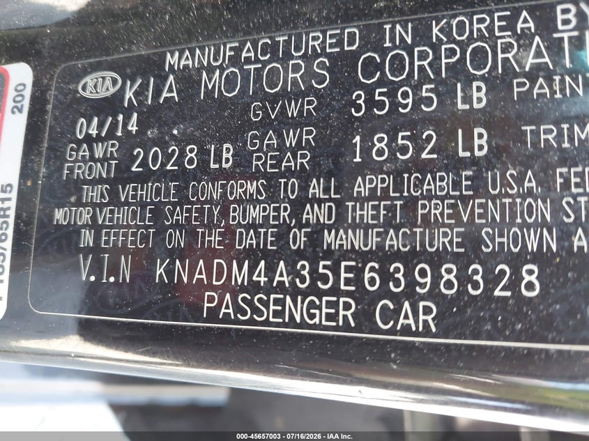 2014 Kia Rio Lx VIN: KNADM4A35E6398328 Lot: 45657003