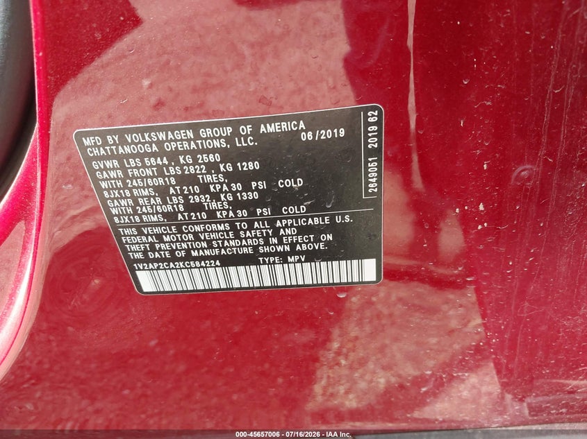2019 Volkswagen Atlas 2.0T S VIN: 1V2AP2CA2KC584224 Lot: 45657006
