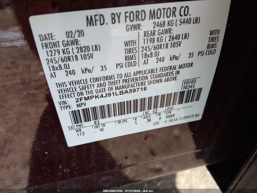 2020 Ford Edge Sel VIN: 2FMPK4J91LBA59716 Lot: 45657035