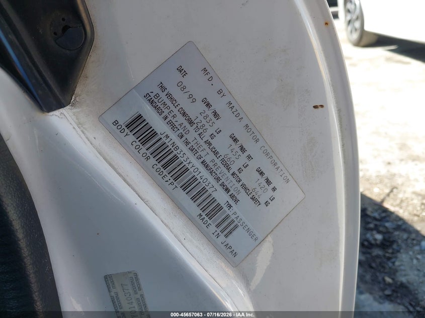 2000 Mazda Mx-5 Miata Ls/Special Edition VIN: JM1NB353XY0140377 Lot: 45657063