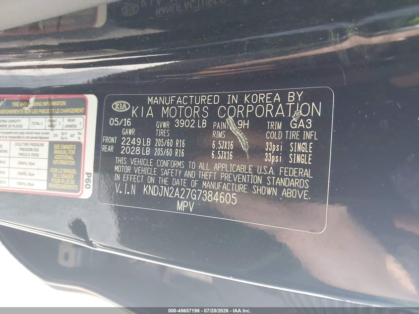 2016 Kia Soul VIN: KNDJN2A27G7384605 Lot: 45657196