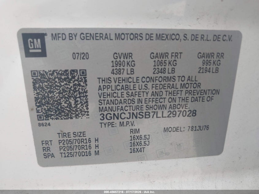 2020 Chevrolet Trax Awd Ls VIN: 3GNCJNSB7LL297028 Lot: 45657216