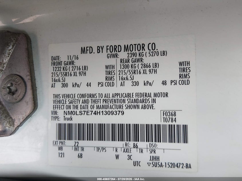 2017 Ford Transit Connect Xl VIN: NM0LS7E74H1309379 Lot: 45657264