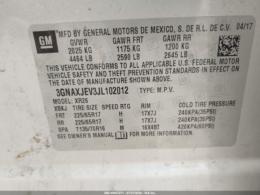 2018 Chevrolet Equinox Lt VIN: 3GNAXJEV3JL102012 Lot: 45657271
