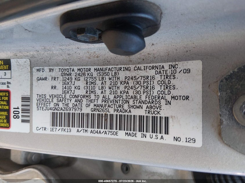 TOYOTA TACOMA 2010 VIN 5TEJU4GN2AZ697979
