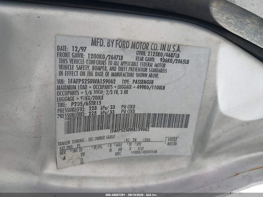 FORD TAURUS 1998 VIN 1FAFP52S0WA159062