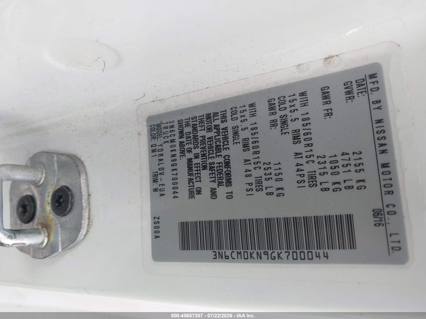 NISSAN NV200 2016 VIN 3N6CM0KN9GK700044
