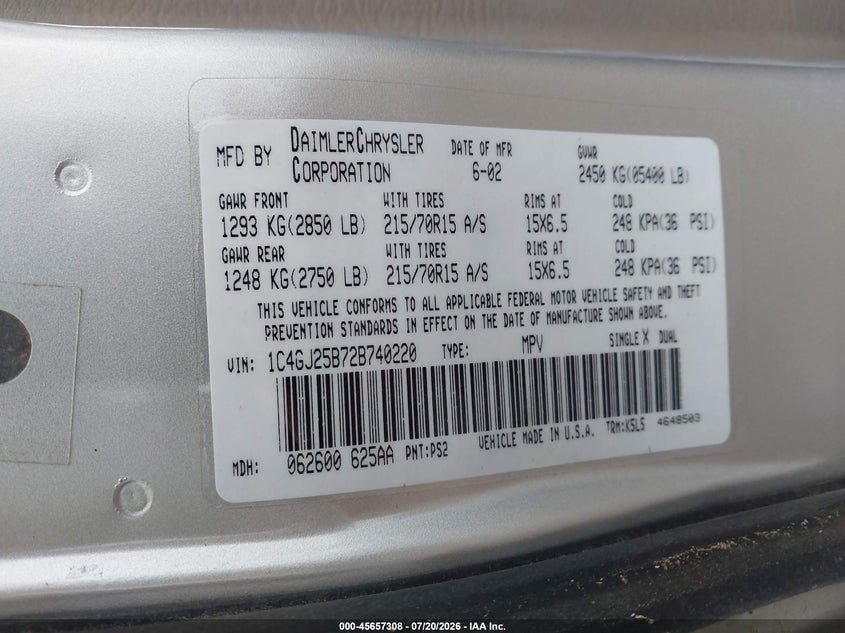 2002 Chrysler Voyager VIN: 1C4GJ25B72B740220 Lot: 45657308