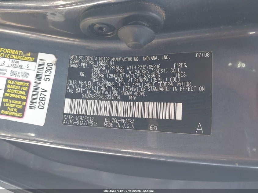 2009 Toyota Sienna Le VIN: 5TDZK23C49S231058 Lot: 45657312