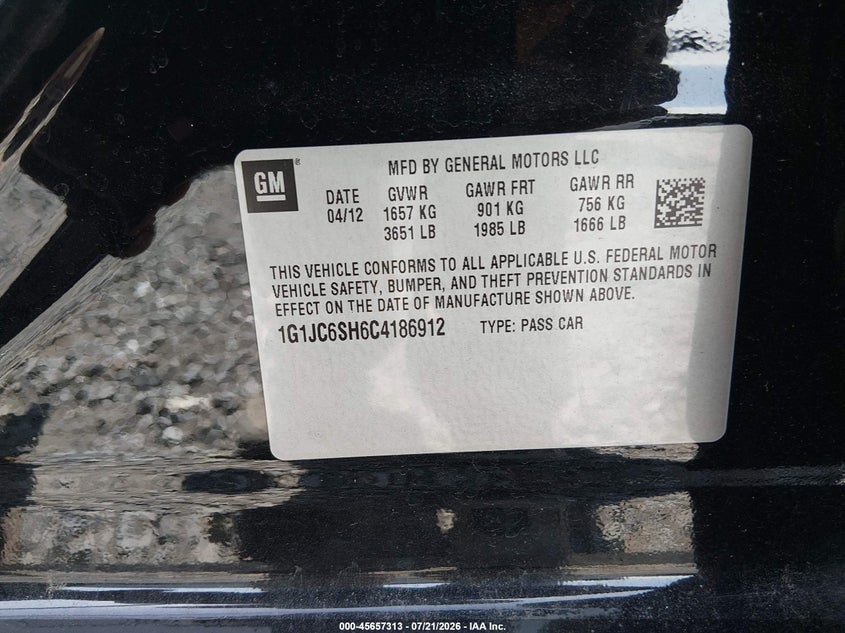 2012 Chevrolet Sonic 2Lt VIN: 1G1JC6SH6C4186912 Lot: 45657313