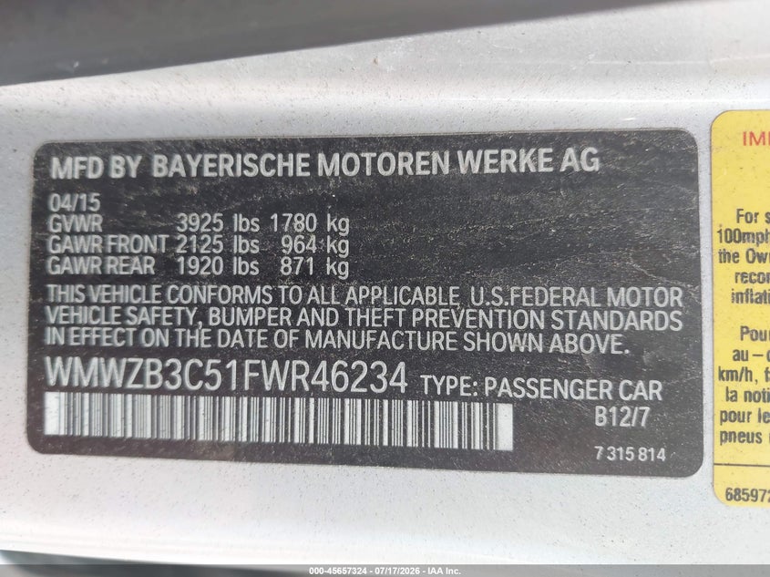 2015 Mini Countryman Cooper VIN: WMWZB3C51FWR46234 Lot: 45657324
