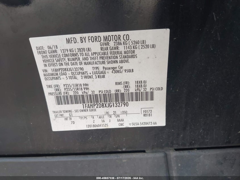 2018 Ford Taurus Se VIN: 1FAHP2D8XJG132790 Lot: 45657336