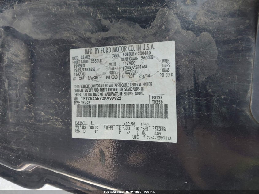 2002 Ford Ranger Edge/Xlt VIN: 1FTZR45E72PA99922 Lot: 45657362