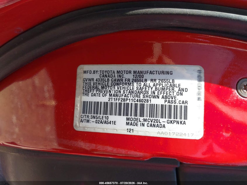 2001 Toyota Camry Solara Sle V6 VIN: 2T1FF28P11C460281 Lot: 45657370