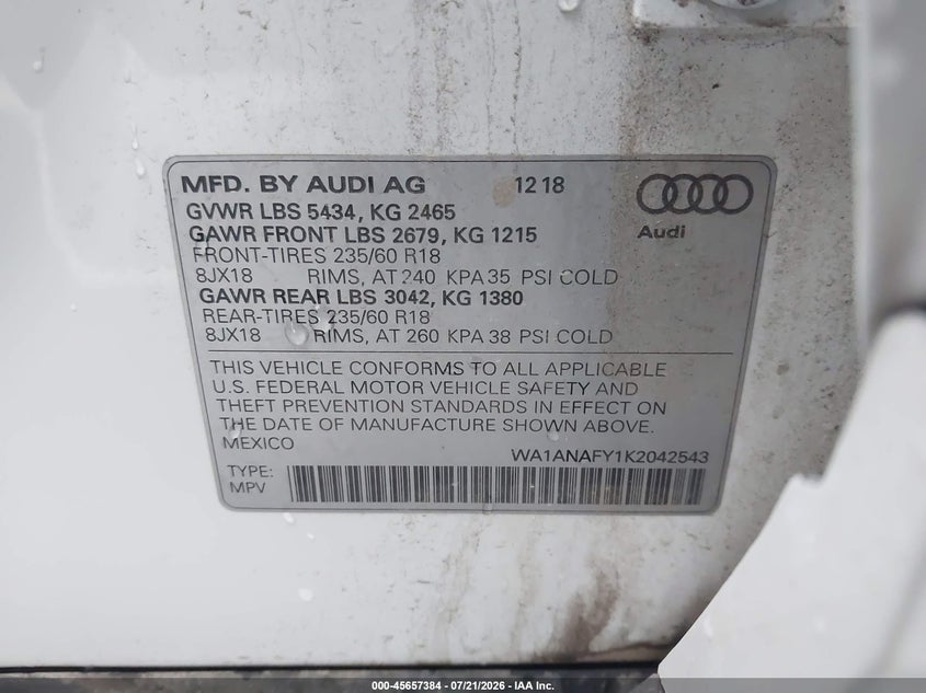 2019 Audi Q5 45 Premium VIN: WA1ANAFY1K2042543 Lot: 45657384