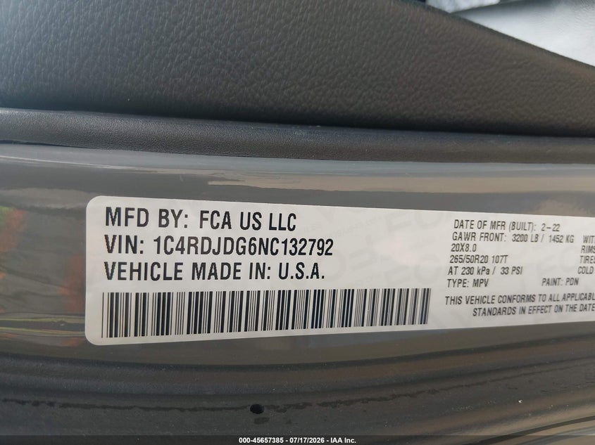 2022 Dodge Durango Gt Plus Awd VIN: 1C4RDJDG6NC132792 Lot: 45657385