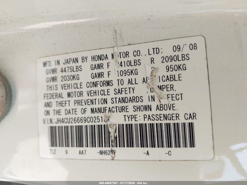 2009 Acura Tsx VIN: JH4CU26669C025181 Lot: 45657387