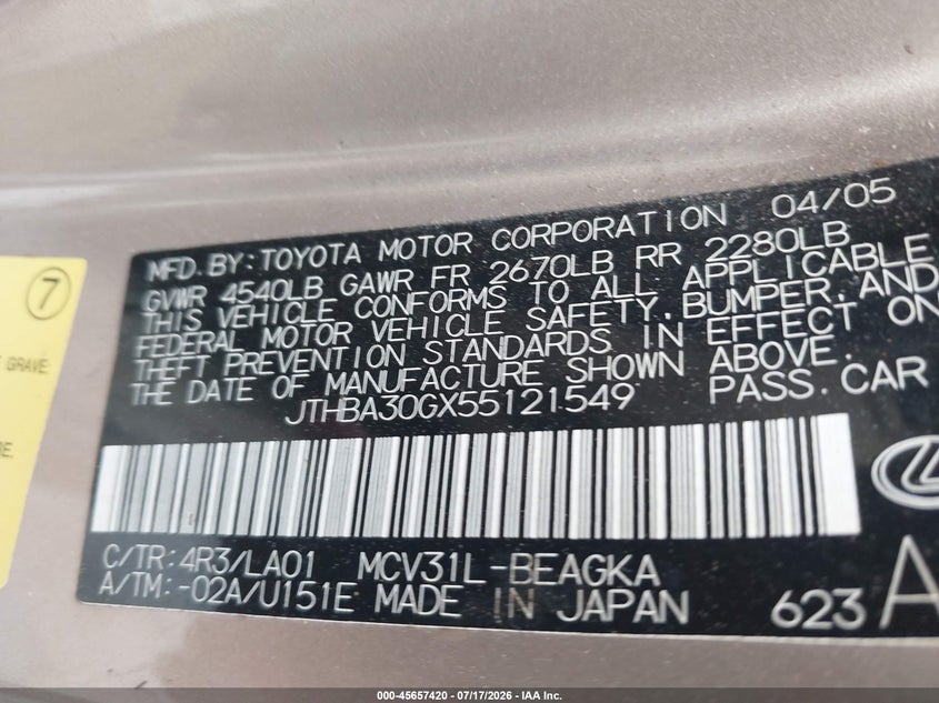 2005 Lexus Es 330 VIN: JTHBA30GX55121549 Lot: 45657420