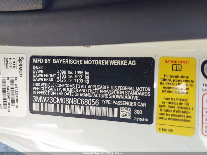 2022 BMW 230 I VIN: 3MW23CM08N8C68056 Lot: 45657444