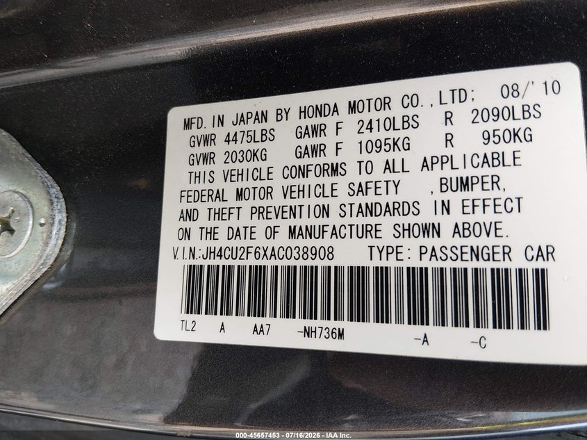 2010 Acura Tsx 2.4 VIN: JH4CU2F6XAC038908 Lot: 45657453