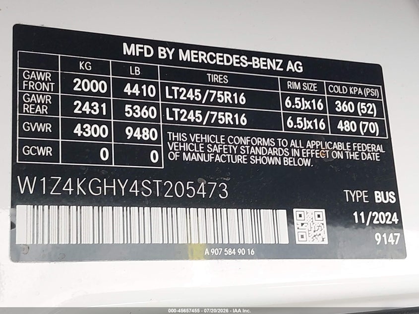 2025 Mercedes-Benz Sprinter 2500 High Roof 4-Cyl Diesel VIN: W1Z4KGHY4ST205473 Lot: 45657455
