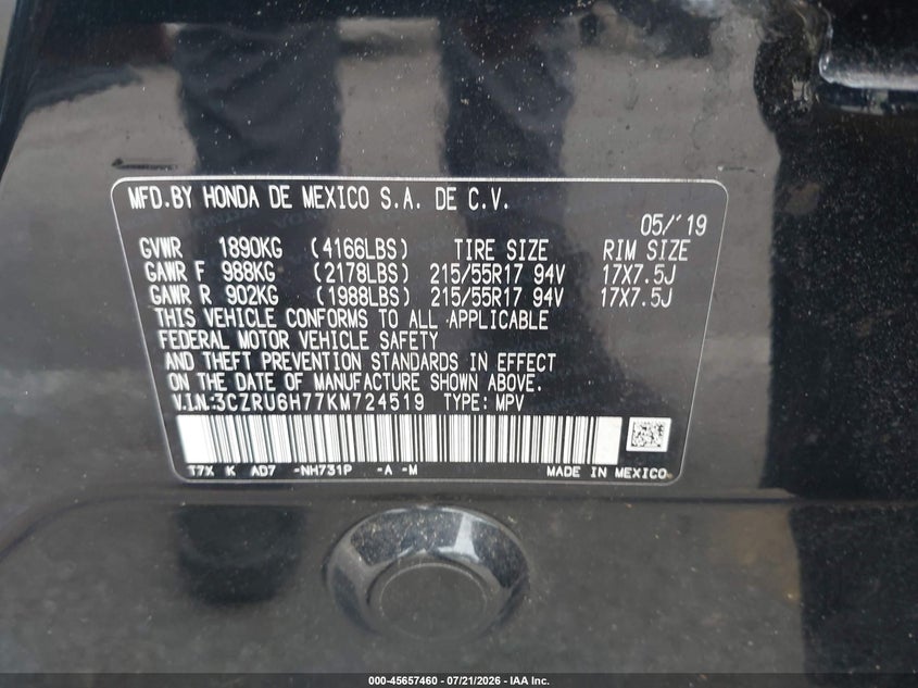 2019 Honda Hr-V Ex-L VIN: 3CZRU6H77KM724519 Lot: 45657460