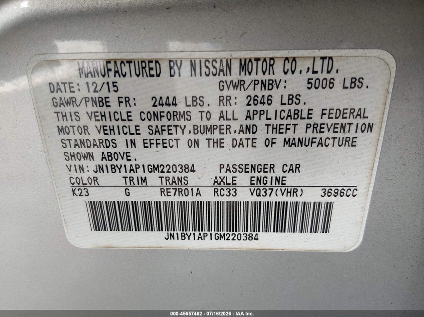 2016 Infiniti Q70 3.7 VIN: JN1BY1AP1GM220384 Lot: 45657462