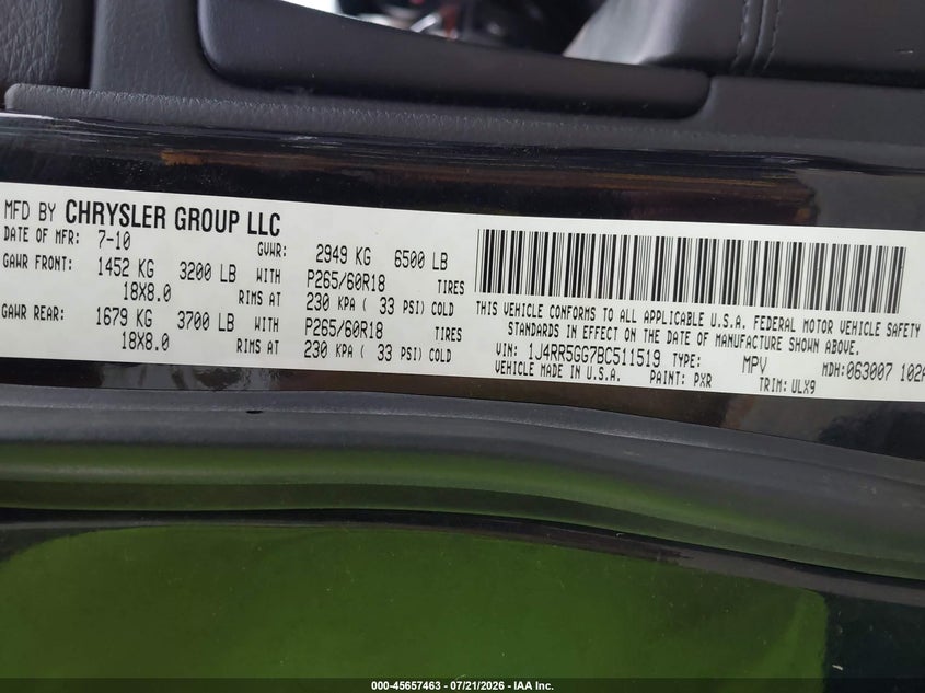 2011 Jeep Grand Cherokee Limited VIN: 1J4RR5GG7BC511519 Lot: 45657463