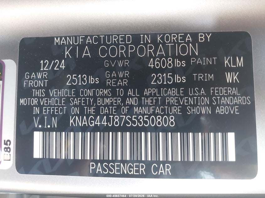 2025 Kia K5 Gt VIN: KNAG44J87S5350808 Lot: 45657464