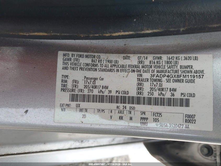 2015 Ford Fiesta St VIN: 3FADP4GX8FM119157 Lot: 45657467