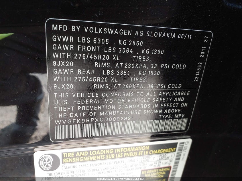 2012 Volkswagen Touareg Tdi Executive VIN: WVGFK9BPXCD000292 Lot: 45657474