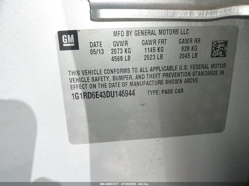 2013 Chevrolet Volt VIN: 1G1RD6E43DU146944 Lot: 45657477