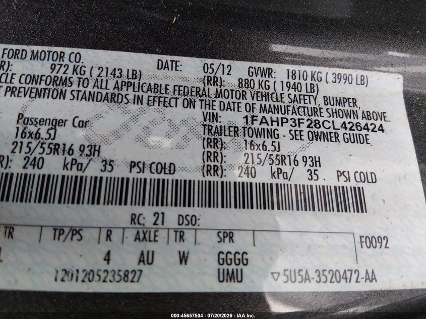 2012 Ford Focus Se VIN: 1FAHP3F28CL426424 Lot: 45657504