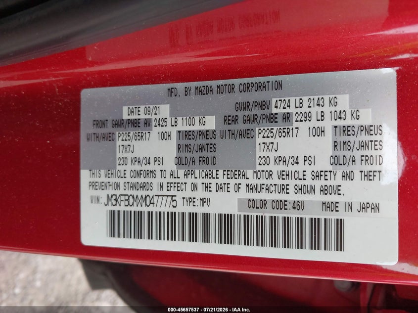 2021 Mazda Cx-5 Touring VIN: JM3KFBCMXM0477775 Lot: 45657537