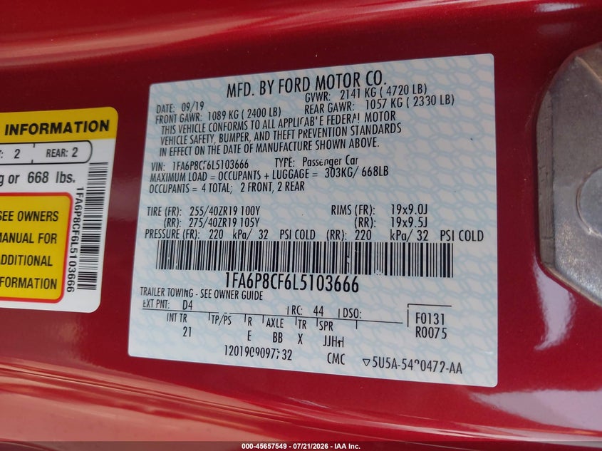 2020 Ford Mustang Gt Fastback VIN: 1FA6P8CF6L5103666 Lot: 45657549