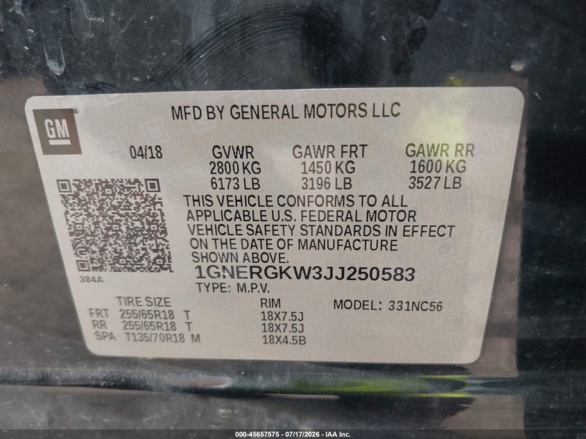 2018 Chevrolet Traverse Lt Cloth VIN: 1GNERGKW3JJ250583 Lot: 45657575