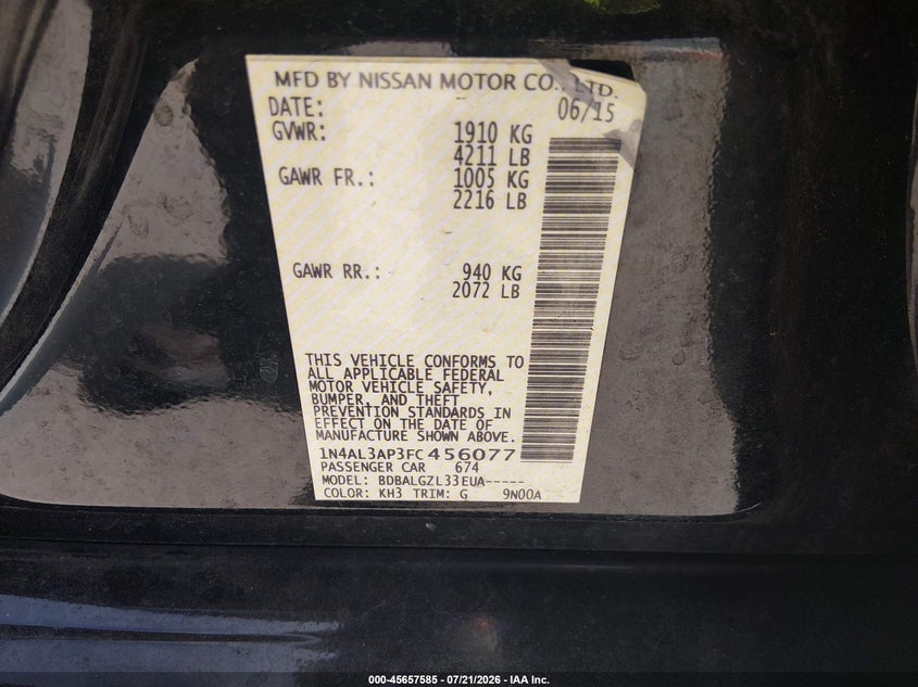 2015 Nissan Altima 2.5/2.5 S/2.5 Sl/2.5 Sv VIN: 1N4AL3AP3FC456077 Lot: 45657585