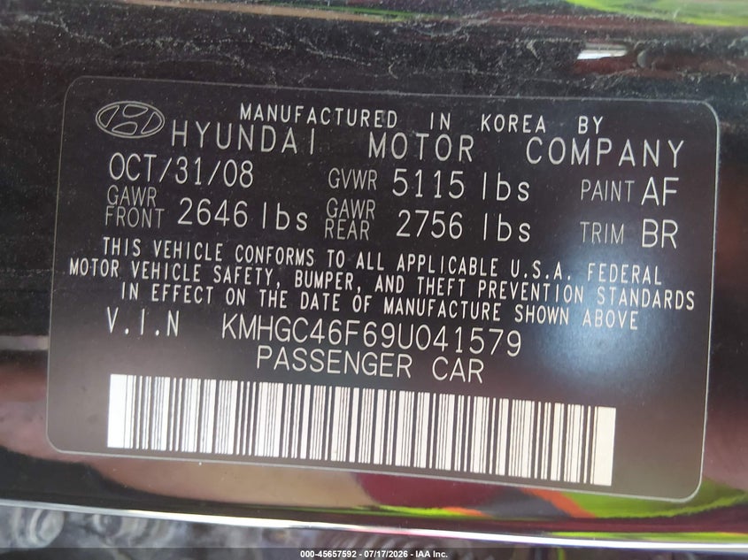 2009 Hyundai Genesis 4.6 VIN: KMHGC46F69U041579 Lot: 45657592