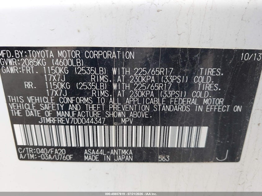 2013 Toyota Rav4 Xle VIN: JTMRFREV7DD044347 Lot: 45657619