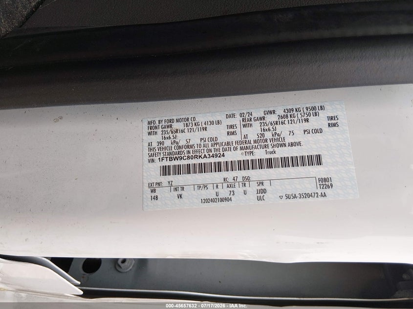 2024 Ford Transit-350 VIN: 1FTBW9C80RKA34924 Lot: 45657632