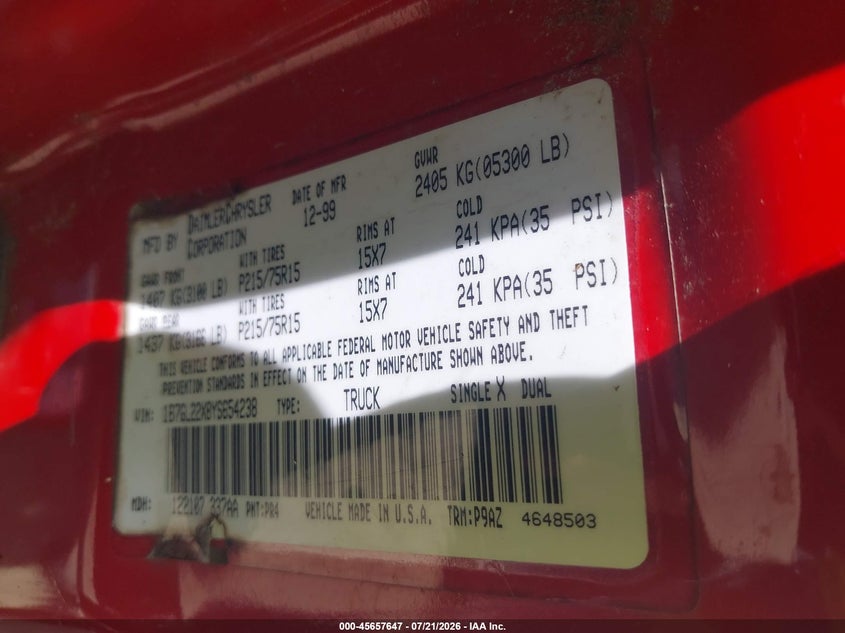 2000 Dodge Dakota Slt/Sport VIN: 1B7GL22X8YS654238 Lot: 45657647